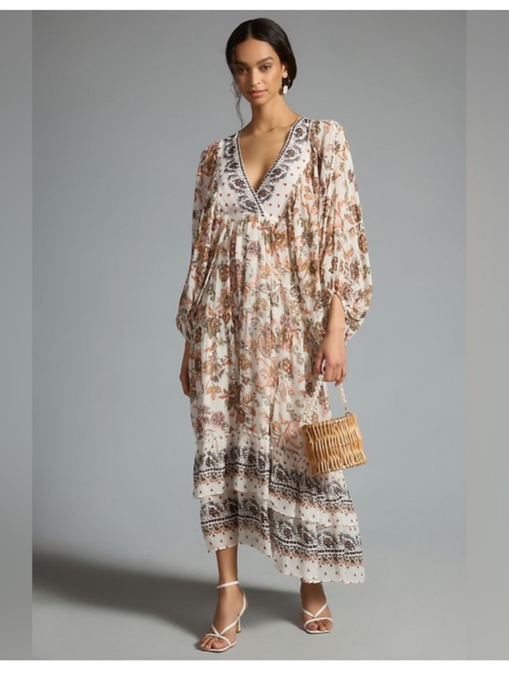 Anthropologie V-Neck Long-Sleeve Maxi Dress Sz XS Boho Neutral